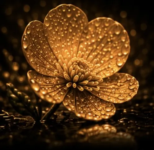 Macro photograph of a golden buttercup flower with dew-covered petals