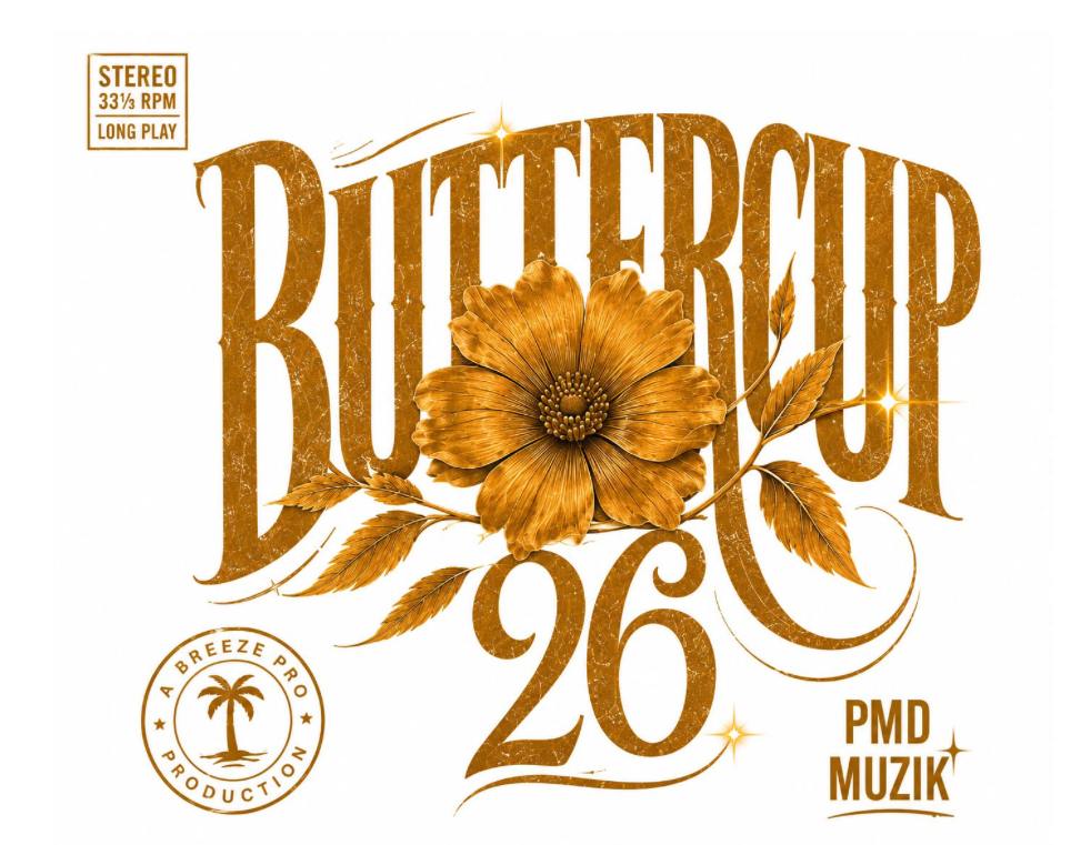 Buttercup 26 white and gold title artwork with a central flower
